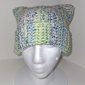 Beanie Cap Cat Ears Chunky Cream, Greens and Blues Hat Handmade